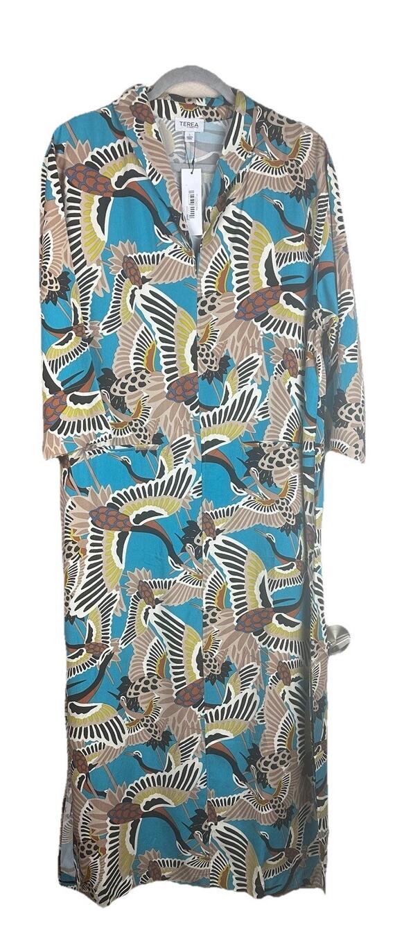 Terea by Andrea Pitter Women's Enamel Blue Crane Print Maxi Straight Dress Large